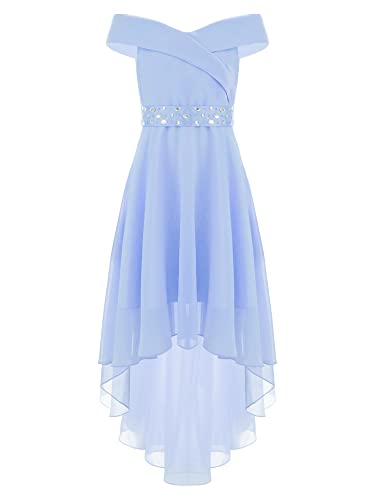 iEFiEL Elegante Kleid Mädchen Festlich mit Strass Gürtel Schulterfrei Prinzessin Kleid Abendkleid Vokuhila Kleid Blumenmädchenkleid Hochzeit Partykleid A Himmel Blau 170-176 von iEFiEL