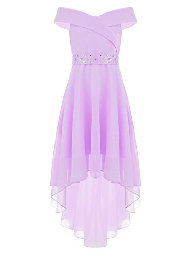 iEFiEL Elegante Kleid Mädchen Festlich mit Strass Gürtel Schulterfrei Prinzessin Kleid Abendkleid Vokuhila Kleid Blumenmädchenkleid Hochzeit Partykleid A Lavender 158-164 von iEFiEL