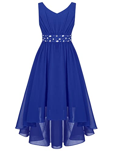 iEFiEL Elegante Mädchen Kleid Festlich V-Ausschnitt Blumenmädchenkleider Hi-Lo Hochzeit Chiffon Sommerkleid Partykleider Ballkleider Festzug A Blau 164 von iEFiEL