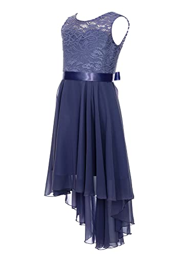 iEFiEL Elegante Mädchen Kleid Festlich Chiffon Sommerkleid V-Ausschnitt Blumenmädchenkleider Hi-Lo Hochzeit Partykleider Ballkleider Festzug ZZ Marineblau 140 von iEFiEL