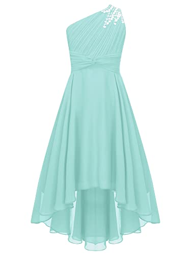 iEFiEL Elegante Mädchen Kleid Festlich EIN-Schulter Hochzeitskleid Blumenmädchenkleider Lange Abendkleid Vokuhila Kleid Partykleid Faltenrock A Mintgrün 134-140 von iEFiEL