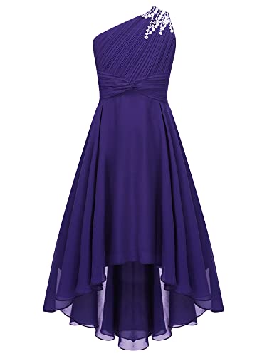 iEFiEL Elegante Mädchen Kleid Festlich EIN-Schulter Hochzeitskleid Blumenmädchenkleider Lange Abendkleid Vokuhila Kleid Partykleid Faltenrock A Violett 170-176 von iEFiEL