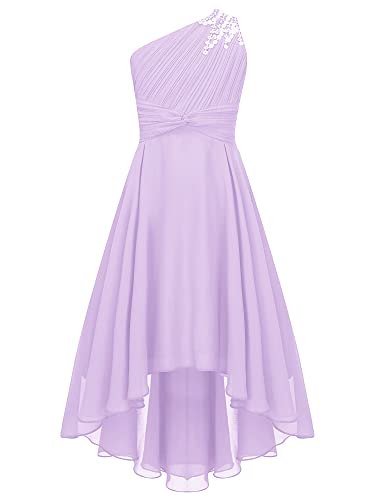 iEFiEL Elegante Mädchen Kleid Festlich EIN-Schulter Hochzeitskleid Blumenmädchenkleider Lange Abendkleid Vokuhila Kleid Partykleid Faltenrock A Lavender 170-176 von iEFiEL