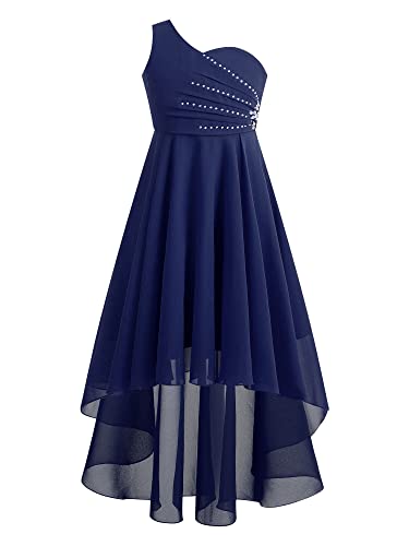 iEFiEL Elegante Mädchen Kleid Festlich EIN-Schulter Hochzeitskleid Blumenmädchenkleider Lange Abendkleid Vokuhila Kleid Partykleid Faltenrock Za Marineblau 146-152 von iEFiEL