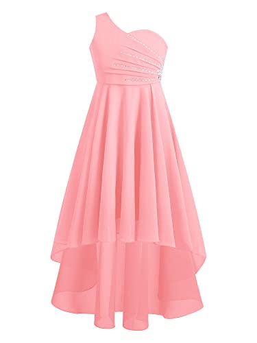 iEFiEL Elegante Mädchen Kleid Festlich EIN-Schulter Hochzeitskleid Blumenmädchenkleider Lange Abendkleid Vokuhila Kleid Partykleid Faltenrock Za Rosa 122-128 von iEFiEL