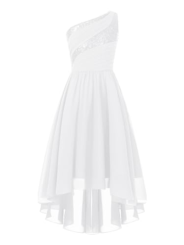 iEFiEL Elegante Mädchen Kleid Festlich EIN-Schulter Hochzeitskleid Blumenmädchenkleider Lange Abendkleid Vokuhila Kleid Partykleid Faltenrock Zb Silber 170-176 von iEFiEL