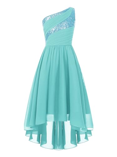 iEFiEL Elegante Mädchen Kleid Festlich EIN-Schulter Hochzeitskleid Blumenmädchenkleider Lange Abendkleid Vokuhila Kleid Partykleid Faltenrock Zb Türkis 146-152 von iEFiEL