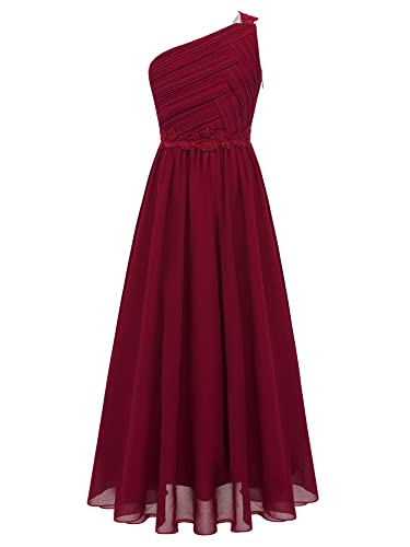 iEFiEL Elegante Mädchen Kleid Festlich EIN-Schulter Hochzeitskleid Lang Blumenmädchenkleider Prinzessin Kleid Cocktailkleid Chiffon Partykleid Burgundy 146-152 von iEFiEL