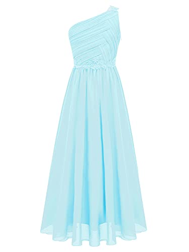 iEFiEL Elegante Mädchen Kleid Festlich EIN-Schulter Hochzeitskleid Lang Blumenmädchenkleider Prinzessin Kleid Cocktailkleid Chiffon Partykleid Hell Blau 122-128 von iEFiEL