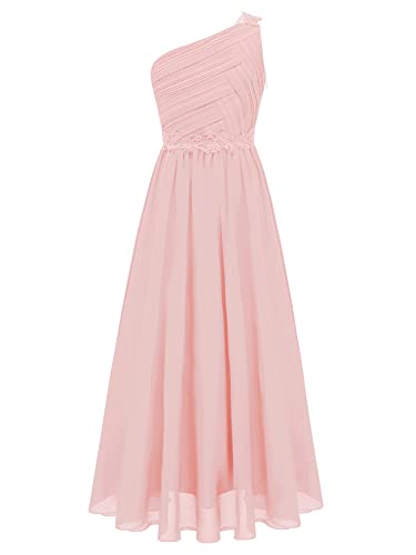 iEFiEL Elegante Mädchen Kleid Festlich EIN-Schulter Hochzeitskleid Lang Blumenmädchenkleider Prinzessin Kleid Cocktailkleid Chiffon Partykleid Rosa 134-140 von iEFiEL