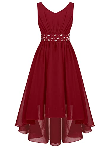 iEFiEL Elegante Mädchen Kleid Festlich V-Ausschnitt Blumenmädchenkleider Hi-Lo Hochzeit Chiffon Sommerkleid Partykleider Ballkleider Festzug A Burgundy 164 von iEFiEL