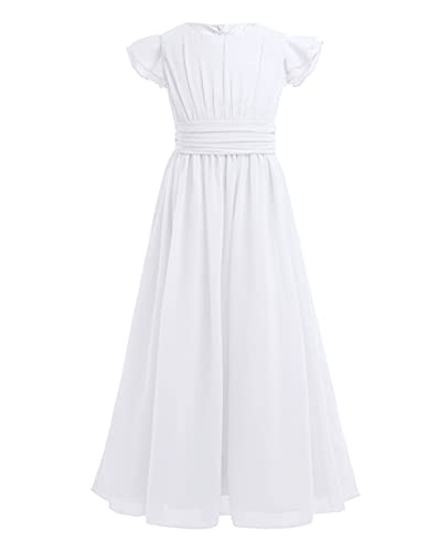 iEFiEL Festlich Kleid für Mädchen Kinder Hochzeit Kleid Prinzessin Erstkommunion Kleid Chiffon Festzug Sommerkleid Brautjungfer Gr. 104-164 Weiß 140 von iEFiEL