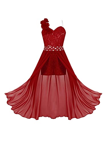 iEFiEL Festliches Kleid Mädchen Hochzeits Jumpsuit Blumenmädchenkleid mit 3D Blumen Träger Partykleid Ärmellose Festkleid Cocktailkleid Burgundy 170-176 von iEFiEL