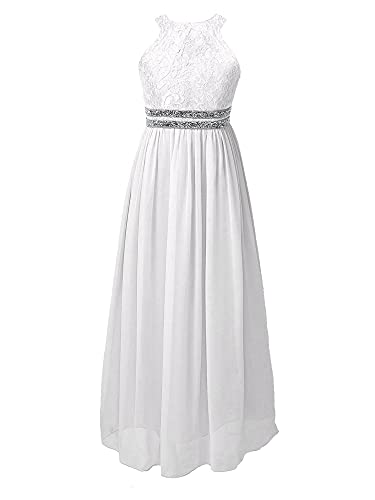 iEFiEL Festliches Kleid Mädchen Kinder Spitzen Kleid Hochzeit Prinzessin Kleider Festzug Kleid Blumenmaedchenkleid Tüll Partykleid X Weiß lang 176 von iEFiEL