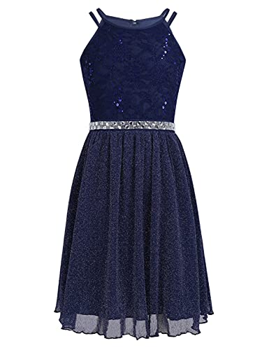 iEFiEL Festliches Kleid Mädchen Kinder Spitzen Kleid Hochzeit Prinzessin Kleider Festzug Kleid Blumenmaedchenkleid Tüll Partykleid Marine Blau 152 von iEFiEL