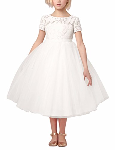 iEFiEL Festliches Mädchen Kinder Kleid Prinzessin Brautjungfern Partykleid Hochzeit Festzug Kleidung 92 104 116 128 140 152 164 (152, Weiß) von iEFiEL