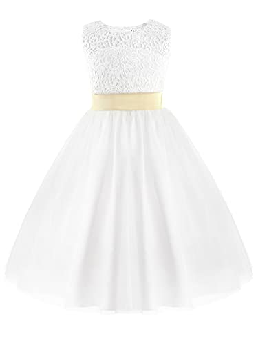 iEFiEL Festliches Mädchen Kleid Brautjungfern Weiß Festzug Kleider Hochzeit Partykleid Festlich Gr. 92 104 116 128 140 152 (128, Weiß) von iEFiEL