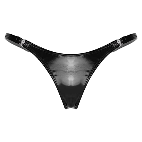 iEFiEL Frauen Wetlook Slips Mini Strings Tanga Offener Schritt Design Briefs Kunstleder Unterwäsche Dessous Unterhosen A Schwarz High-Cut M von iEFiEL