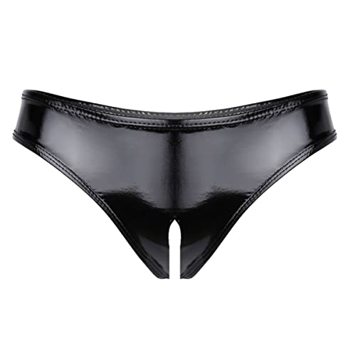 iEFiEL Frauen Wetlook Slips Mini Strings Tanga Offener Schritt Design Briefs Kunstleder Unterwäsche Dessous Unterhosen Schwarz S von iEFiEL