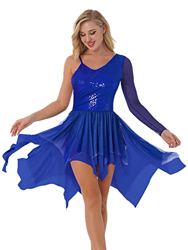 iEFiEL Glitzer Damen Ballettkleid Langarm Ballettanzug Lyrisch Kleid mit Pailletten Latein Tanzkleid Modern Tanz Performance Kostüm Blau Langarm M von iEFiEL