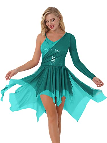 iEFiEL Glitzer Damen Ballettkleid Langarm Ballettanzug Lyrisch Kleid mit Pailletten Latein Tanzkleid Modern Tanz Performance Kostüm Grün Langarm L von iEFiEL