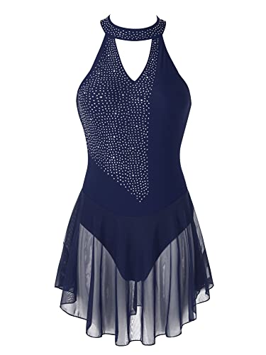 iEFiEL Glitzer Damen Latein Tanzkleid Neckholder Ballett Kleid Trikotanzug Tanz Leotard Rollschuhkleid mit Strass Wettkämpfe Kostüm Bekleidung Navy Blau L von iEFiEL