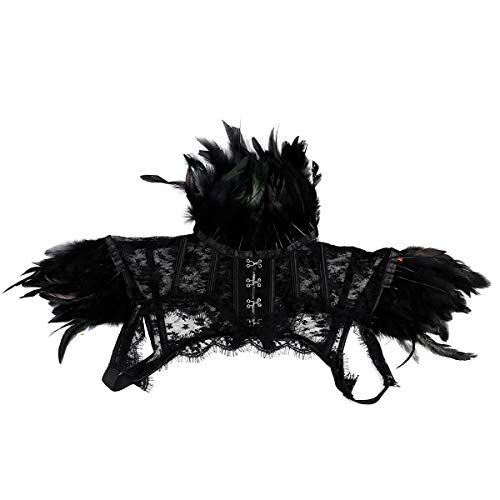 iEFiEL Gothic Viktorianischen Schwarzen Natürlichen Feder Harness Halsband Damen Halloween Kostüm Zubehör Kragen Shrug Schal Schwarz Medium von iEFiEL