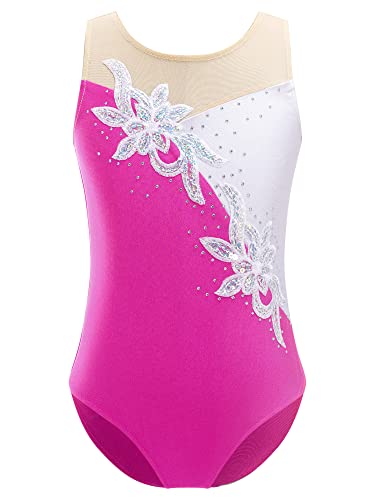 iEFiEL Mädchen Turnanzug Glitzer Gymnastikanzug ÄrmellosTurnanzug Glänzend Trikotanzug Gymnastik Leotard Training Gymnastikbody A Rose 134-140 von iEFiEL