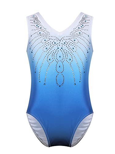 iEFiEL Mädchen Turnanzug Glitzer Gymnastikanzug ÄrmellosTurnanzug Glänzend Trikotanzug Gymnastik Leotard Training Gymnastikbody Blau 134-140 von iEFiEL