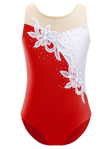 iEFiEL Mädchen Turnanzug Glitzer Gymnastikanzug ÄrmellosTurnanzug Glänzend Trikotanzug Gymnastik Leotard Training Gymnastikbody Rot 134-140 von iEFiEL