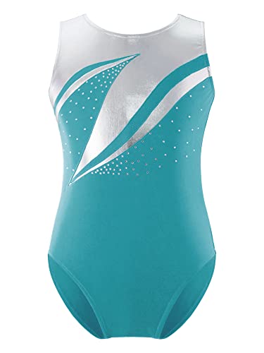 iEFiEL Mädchen Turnanzug Glitzer Gymnastikanzug ÄrmellosTurnanzug Glänzend Trikotanzug Gymnastik Leotard Training Gymnastikbody Stern Blau Grün 122-128 von iEFiEL