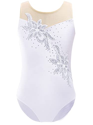 iEFiEL Mädchen Turnanzug Glitzer Gymnastikanzug ÄrmellosTurnanzug Glänzend Trikotanzug Gymnastik Leotard Training Gymnastikbody W Weiß 110-116 von iEFiEL