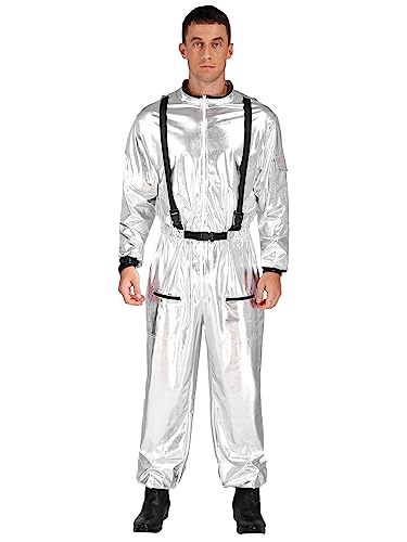 iEFiEL Herren Astronauten Kostüm Erwachsene Kostüm Astronaut Metallic Jumpsuit Weltall Raumfahrer Overall Karneval Fasching Silber Herren M von iEFiEL