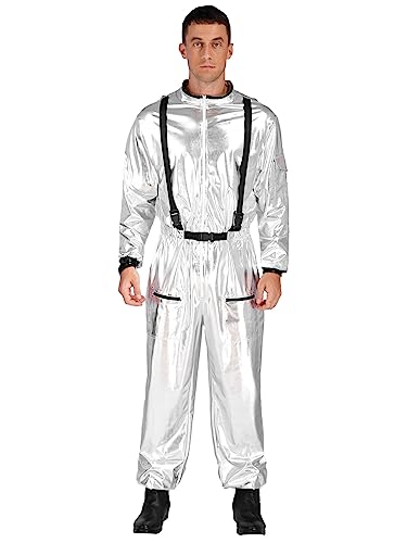 iEFiEL Herren Astronauten Kostüm Erwachsene Kostüm Astronaut Metallic Overall Jumpsuit Weltall Raumfahrer Overall Karneval Fasching Silber Herren XXL von iEFiEL