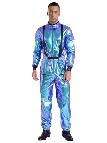 iEFiEL Herren Astronauten Kostüm Erwachsene Kostüm Astronaut Metallic Overall Jumpsuit Weltall Raumfahrer Overall Karneval Fasching X Blau Herren XXL von iEFiEL