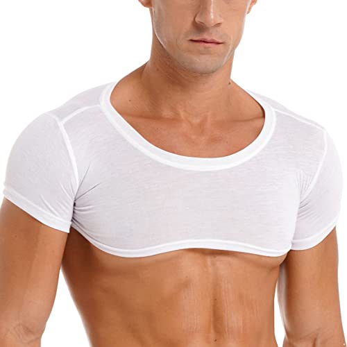 iEFiEL Herren Bauchfrei Shirts Kurzarm Baumwolle Tops Einfarbig Crop Top Rundhals Männer Shirts Bodybuilding Yoga Sportshirt Muskelshirt Weiß Kurz L von iEFiEL