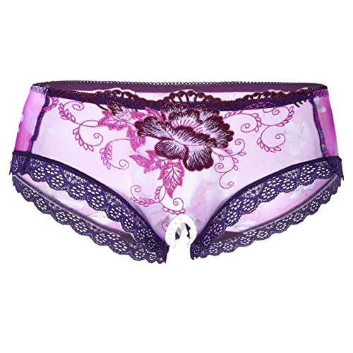 iEFiEL Herren Bikinihose Satin Boxershorts mit Blumen Spitzen und Offenes Schrittdesign Schwarz Rosa Unterwäsche M L XL Violett Durchsichtig 3XL von iEFiEL