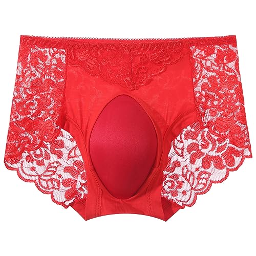 iEFiEL Herren Bikinihose Satin Boxershorts mit Blumen Spitzen und Offenes Schrittdesign Schwarz Rosa Unterwäsche M L XL Xc Rot 3XL von iEFiEL