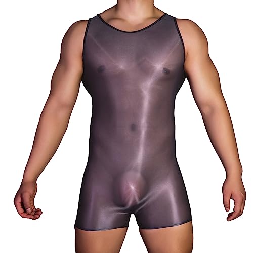 iEFiEL Herren Body Transparent Bodysuit Ärmellose Kurz Ganzanzug Jumspuit Unterhemd Jumpsuit Reizwäsche Gymnastikanzug Dunkelgrau Einheitsgröße von iEFiEL