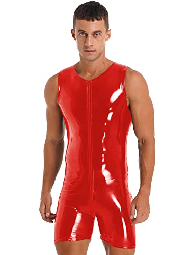 iEFiEL Herren Body Wetlook Dessous Zip Schwarz Leder Optik Männerbody Overall Bodysuit Catsuit S M L XL XXL XXXL W Rot 3XL von iEFiEL