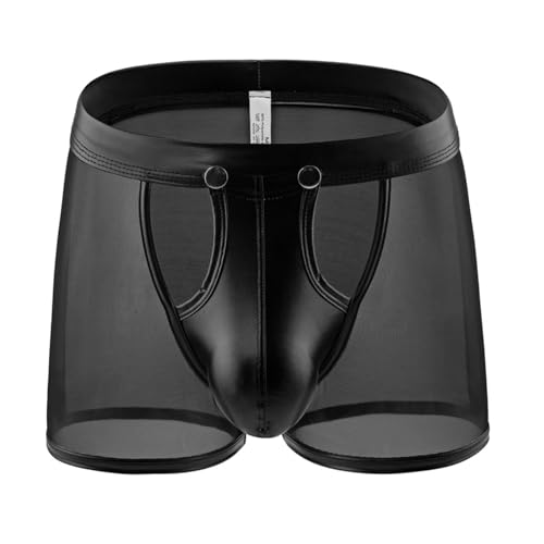 iEFiEL Herren Boxershorts Wetlook Leder Shorts Stretch Unterhose Netz Kurze Hose mit Reißverschluss Fetisch Boxer Briefs Trunks Clubwear X Schwarz L von iEFiEL