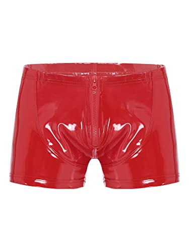 iEFiEL Herren Boxershorts Wetlook Unterwäsche Kurze Hose Pants Kunstleder Boxer Briefs Trunk mit Zipper Bulge Beutel Gr. M L XL 2XL Rot Lackleder XL von iEFiEL