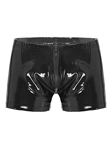 iEFiEL Herren Boxershorts Wetlook Unterwäsche Kurze Hose Pants Kunstleder Boxer Briefs Trunk mit Zipper Bulge Beutel Gr. M L XL 2XL Schwarz Lackleder XL von iEFiEL