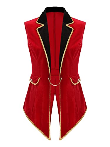 iEFiEL Damen Samt Zirkus Blazer Jäckchen Ringmaster Kostüm Stehkragen Kurzjacke mit Quasten Showman Kostüme Cosplay Vintage Jacket Outerwear T Rot Ärmellose XL von iEFiEL