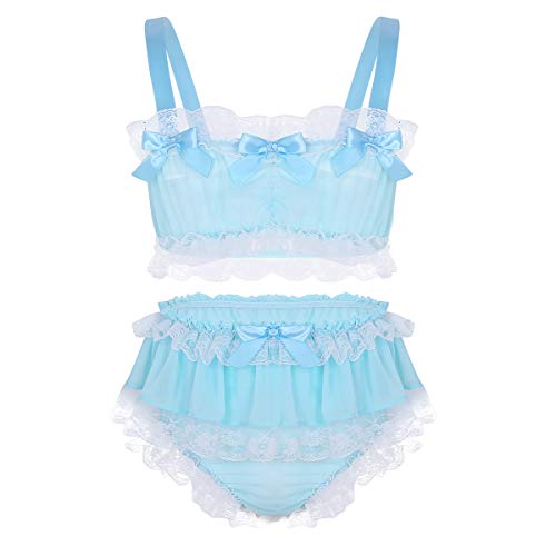 iEFiEL Herren Dessous BH Büstenhalter Crop Top + Sissy Höschen Tanga Slips Unterwäsche Set Männer Reizwäsche Bikini Set M-XL (X-Large, Himmelblau A) von iEFiEL