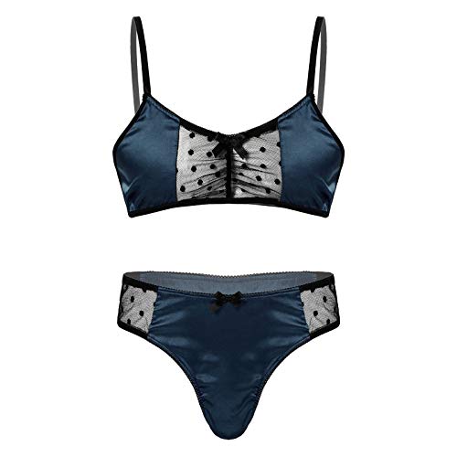 iEFiEL Herren Dessous Satin BH Büstenhalter Crop Top + Sissy Höschen Tanga Slips Unterwäsche Set Männer Reizwäsche Bikini Set M-XL Dunkel Blau XXL von iEFiEL