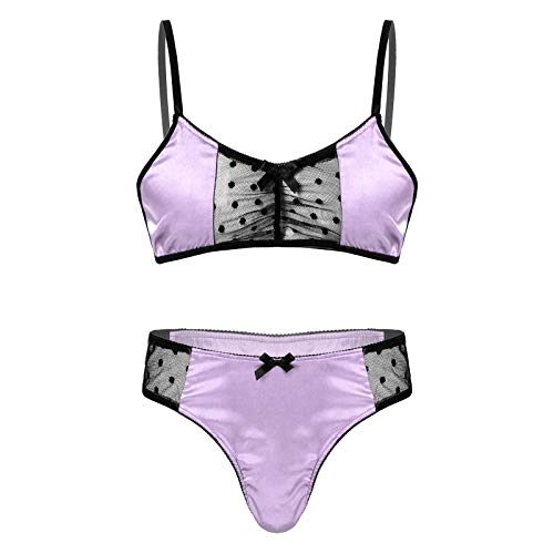 iEFiEL Herren Dessous Satin BH Büstenhalter Crop Top + Sissy Höschen Tanga Slips Unterwäsche Set Männer Reizwäsche Bikini Set M-XL A Lila L von iEFiEL