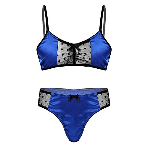 iEFiEL Herren Dessous Satin BH Büstenhalter Crop Top + Sissy Höschen Tanga Slips Unterwäsche Set Männer Reizwäsche Bikini Set M-XL Blau L von iEFiEL