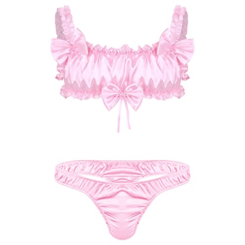 iEFiEL Herren Dessous Satin BH Büstenhalter Crop Top + Sissy Höschen Tanga Slips Unterwäsche Set Männer Reizwäsche Bikini Set M-XL D_ Rosa L von iEFiEL