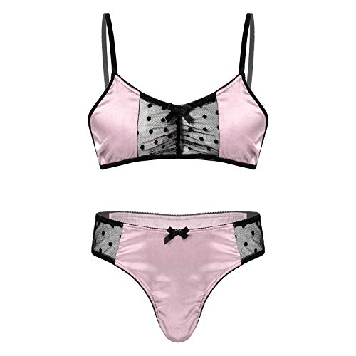 iEFiEL Herren Dessous Satin BH Büstenhalter Crop Top + Sissy Höschen Tanga Slips Unterwäsche Set Männer Reizwäsche Bikini Set M-XL Rosa Mesh L von iEFiEL